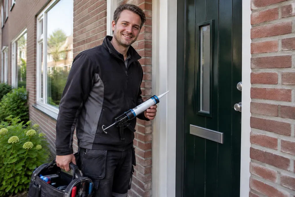 Vakman van Kitbedrijf Voorthuizen bij de voordeur van een woning